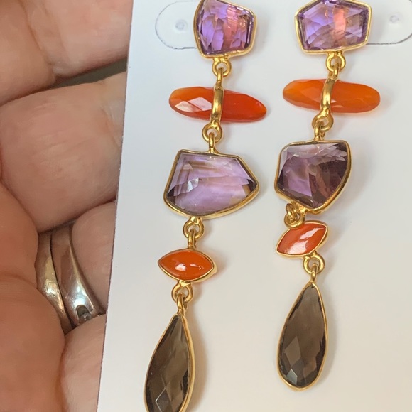 AMETHYST CARNELIAN SMOKY TOPAZ DANGLE DROP EARRING - Picture 7 of 11
